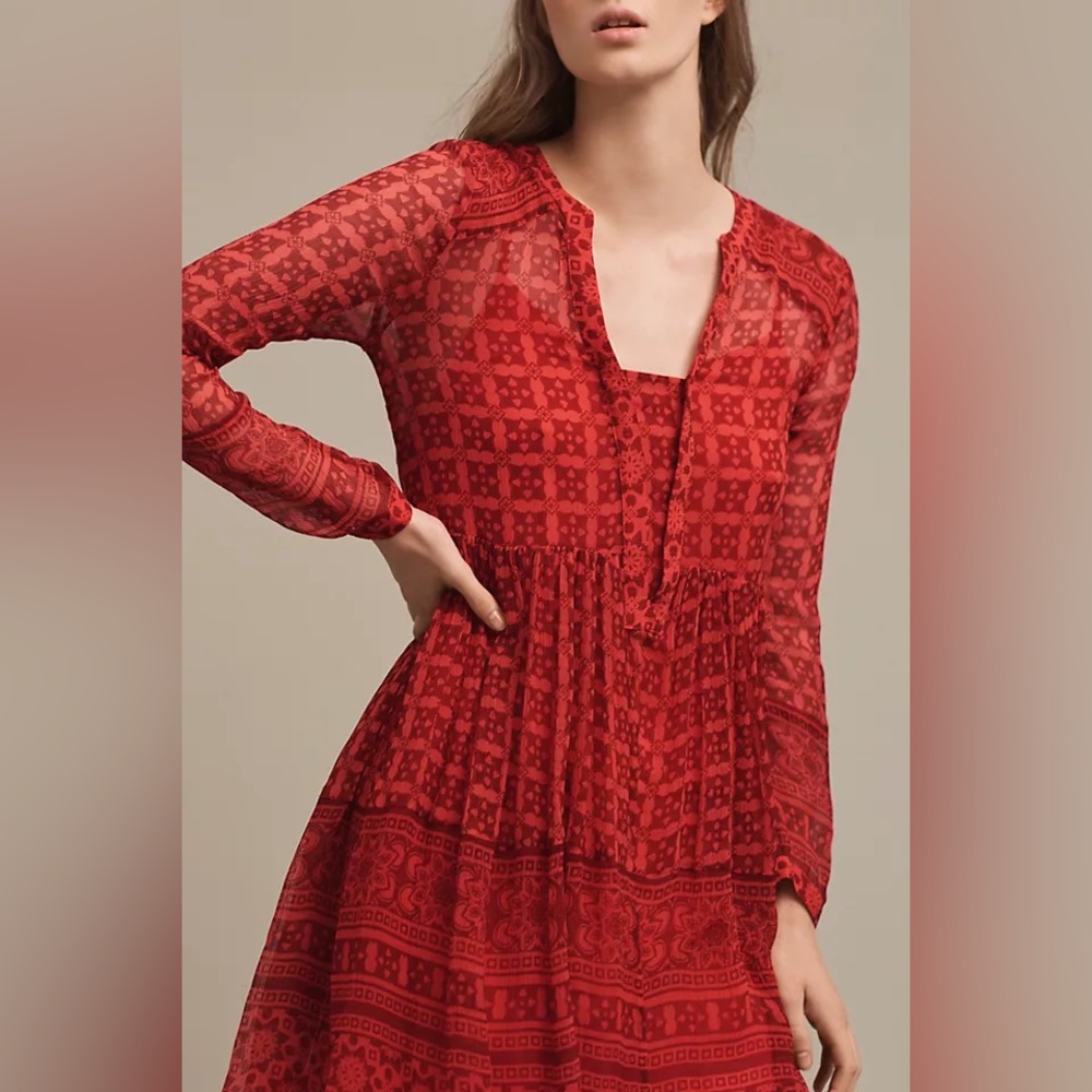 Anthropologie Maeve Sheer Red Long Sleeve Tunic Dress Womens Size 4   Small